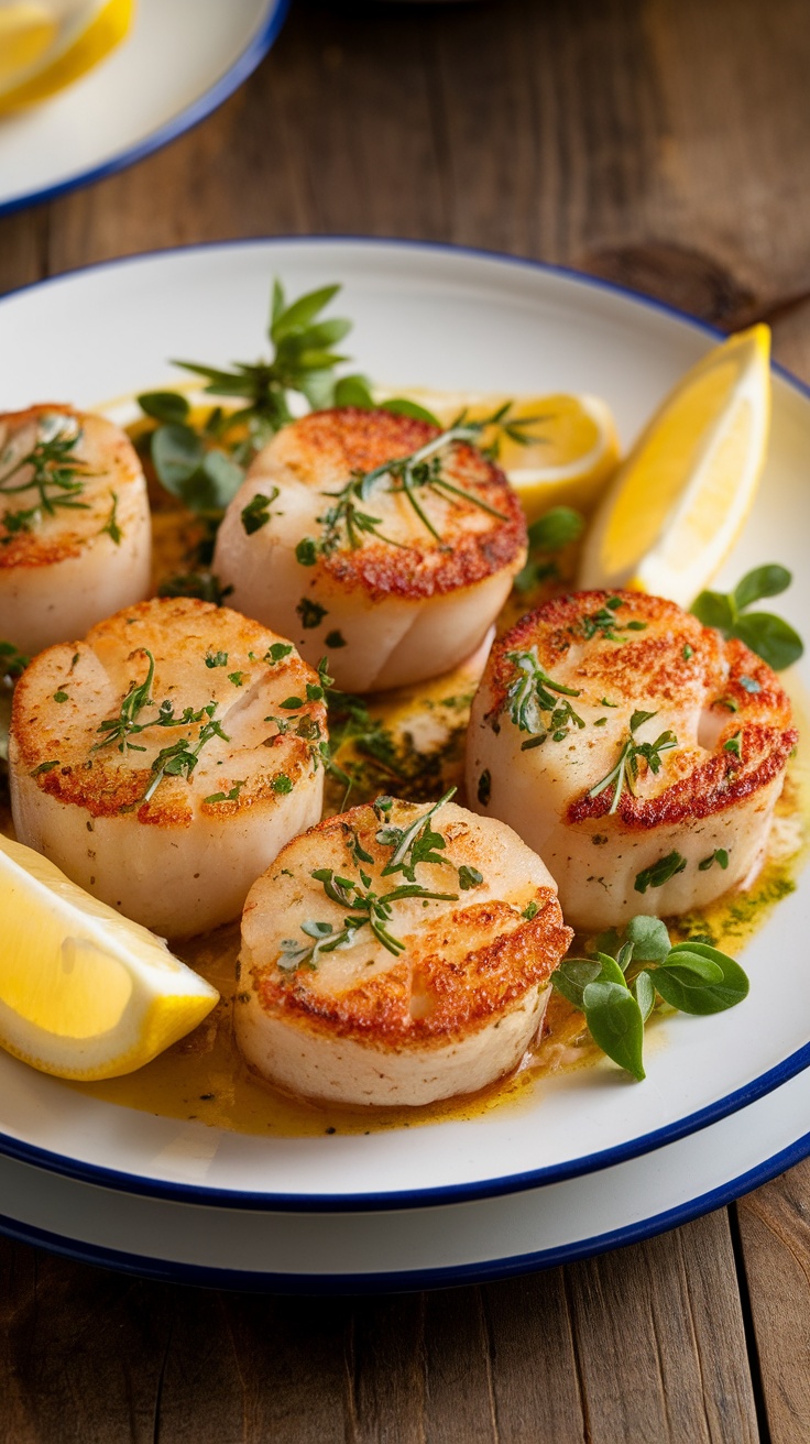 Pan-seared scallops with herb butter on a white plate, garnished with herbs and lemon, on a rustic wooden table.